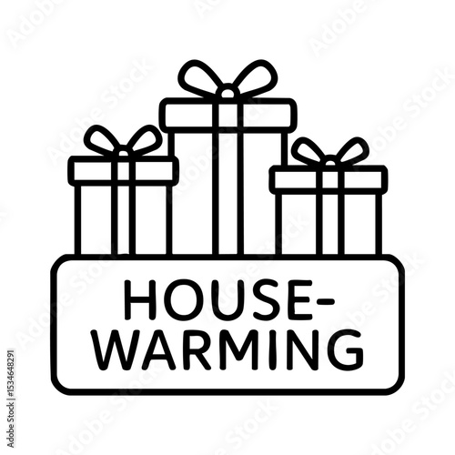 Vector outline icon with gift boxes and Housewarming text. Minimal black linear style, ideal for cards, party invitations, gift packaging, moving celebration, real estate design, and social media.