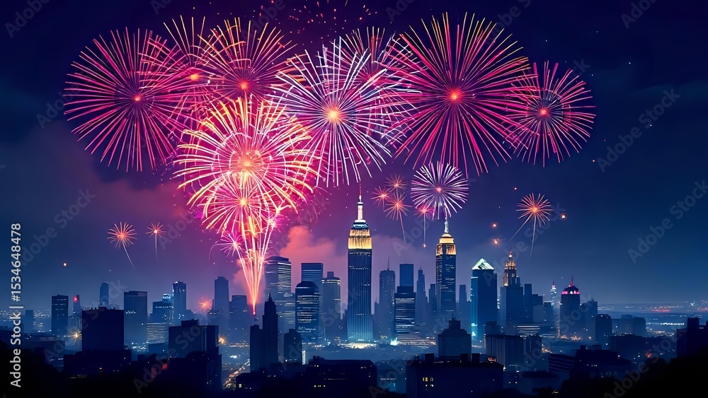 Fototapeta premium Illustration of Colorful Fireworks Exploding Over a Stylized American City Skyline at Night, Celebration Theme