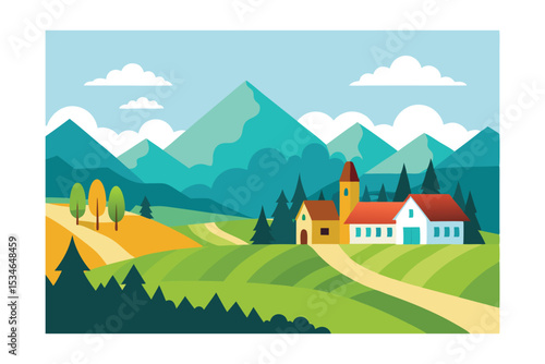 Serene Mountain Village Landscape Picturesque Hills, Charming Church, and Tranquil Fields
