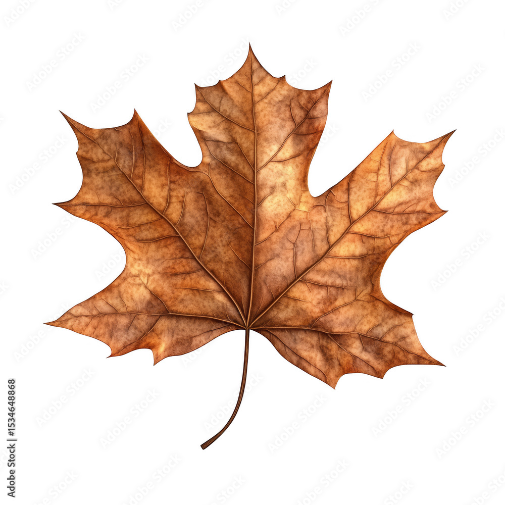 Fototapeta premium Detailed close-up of a dried brown maple leaf on transparent background