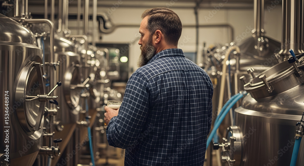 Obraz premium Bearded man holding beer mug: Back view of bearded brewer in checkered shirt holding mug at waist level