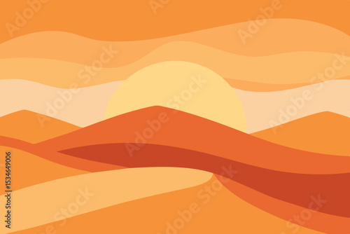 Orange sunset desert landscape vector illustration with sand dunes and mountains