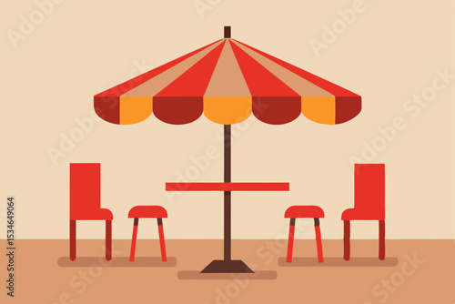 Red and white chairs with tables and an umbrella create a perfect scene for beachside summer relaxation