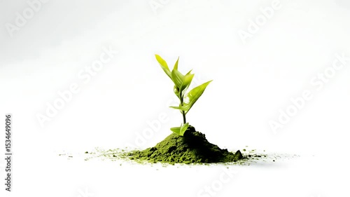 A young plant emerging from matcha powder on a bright white surface