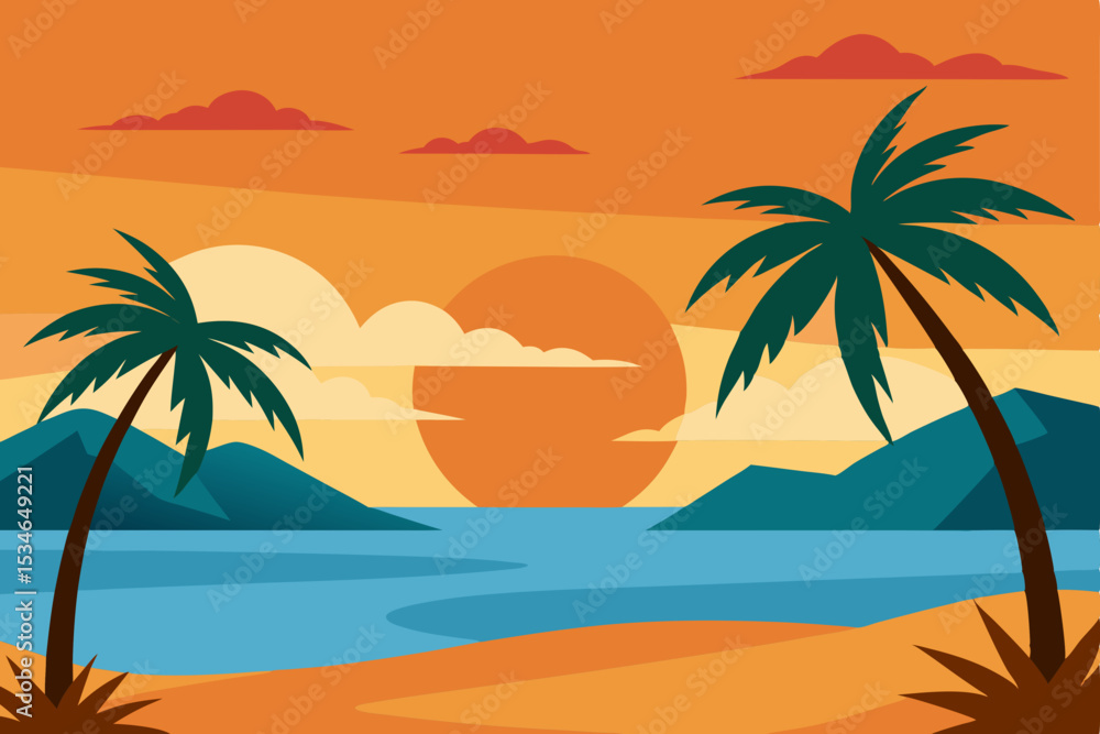 Tropical island beach scene with palm trees, blue sky, and clear ocean water Tropical island beach scene with palm trees, blue sky, and clear ocean water