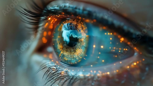 Futuristic cybernetic eye revealing digital data and glowing circuitry details