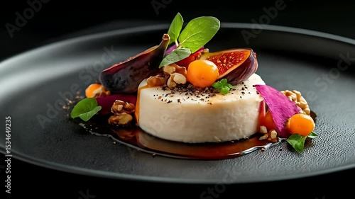 Gourmet dessert plate featuring fresh figs walnuts and a creamy panna cotta dish
