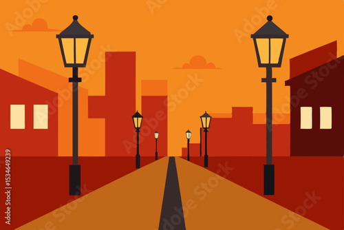 Orange urban sunset skyline with silhouetted city buildings and street