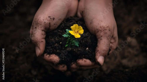 Hands cradling soil nurturing a vibrant yellow flower with green leaves and dirt