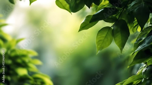 Lush green leaves gently swaying in the sunlight creating a peaceful nature scene