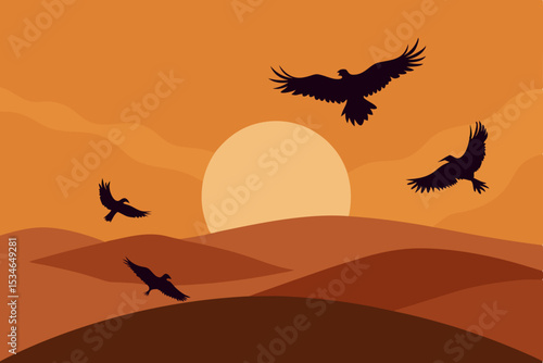 A vector silhouette illustration of an eagle, bird, and dragon against a vibrant orange sunset sky with a lone tree
