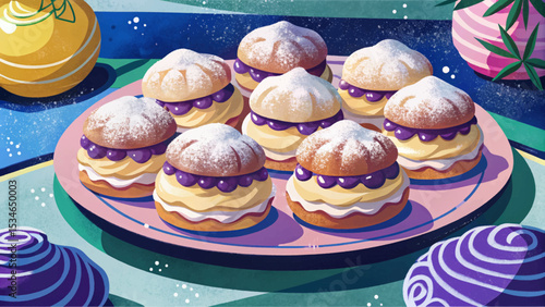 Bavarian cream puffs filled with smooth vanilla custard and dusted with powdered sugar. A classic European pastry perfect for elegant dessert tables