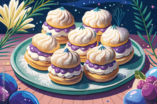 Bavarian cream puffs filled with smooth vanilla custard and dusted with powdered sugar. A classic European pastry perfect for elegant dessert tables