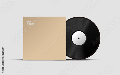 Vinyl disk mockup on white background. Retro old plate record and case mockup 