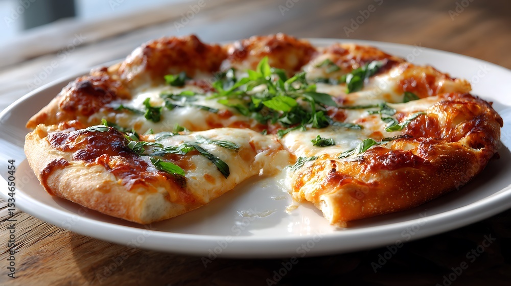 Freshly Baked Margherita Pizza with Melted Mozzarella and Basil on a White Plate Freshly Baked Margherita Pizza with Melted Mozzarella and Basil on a White Plate