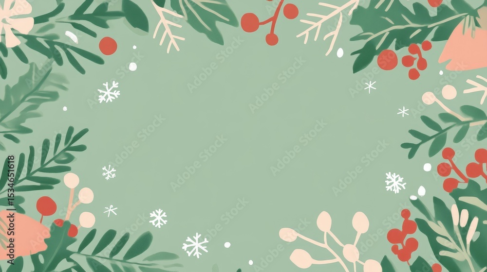 Green background with minimalist Christmas icons and snowflakes forming festive frame Green background with minimalist Christmas icons and snowflakes forming festive frame
