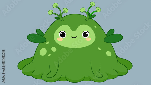 Happy Green Moss Blob Spirit with Dewdrop Antennae and Leaflike Arms on Light Gray Background vector