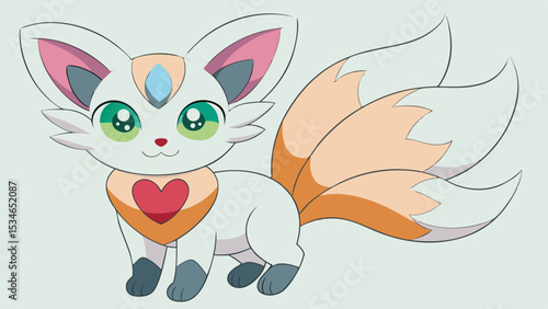 Pastel Tails Kitsune with Heart Design on Light Background nine tailed fox peach