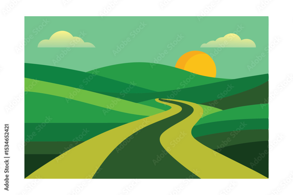 Fototapeta premium Serene Sunset Landscape Winding Road Through Verdant Hills