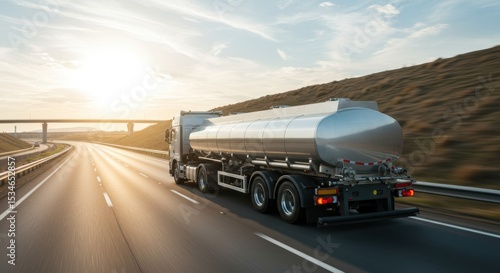 Transporting fuel a tanker truck on the open highway at sunset captured in a scenic landscape