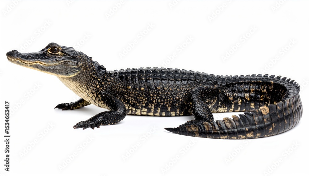 Alligator in Profile: A captivating close-up view of an alligator, showcasing its rugged texture and unique features in a well-lit, photorealistic studio shot. Alligator in Profile: A captivating close-up view of an alligator, showcasing its rugged texture and unique features in a well-lit, photorealistic studio shot.