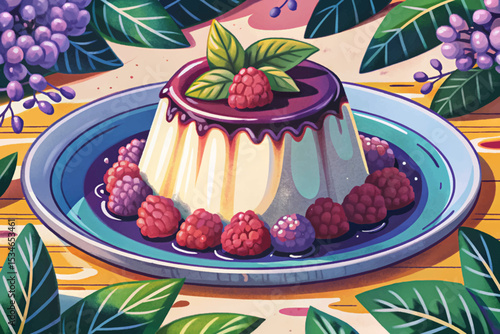 Italian panna cotta dessert served with vibrant raspberry sauce. Silky, creamy texture with fruity topping makes it a refined and elegant gourmet treat
