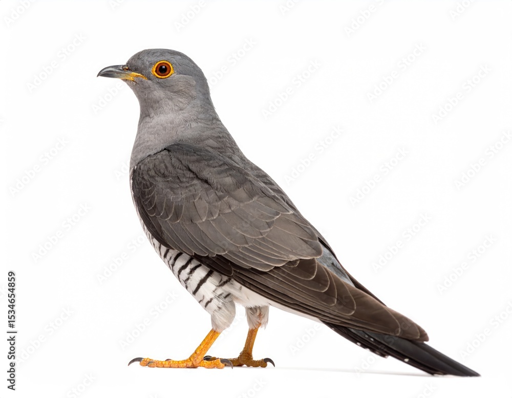 Obraz premium A detailed view of a cuckoo bird in its natural state, showcasing the bird's unique characteristics and color profile. The cuckoo bird is known for its distinctive appearance and solitary nature.