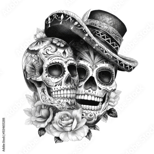Sugar Skull Couple in Sombreros with Roses - Day