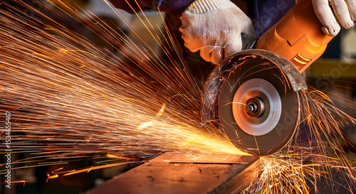 Worker cutting metal hand work angle grinder sparks