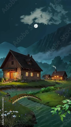 Enchanting cozy cottage nestled in a serene landscape under a moonlit starry night sky.