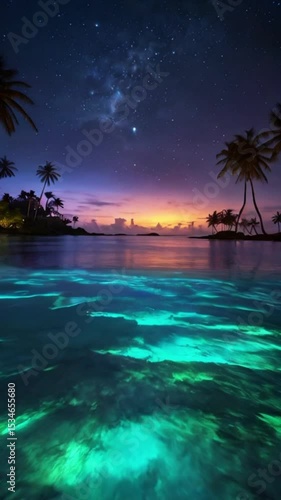 Idyllic tropical beach scene with crystal-clear turquoise ocean water and palm trees at sunset.