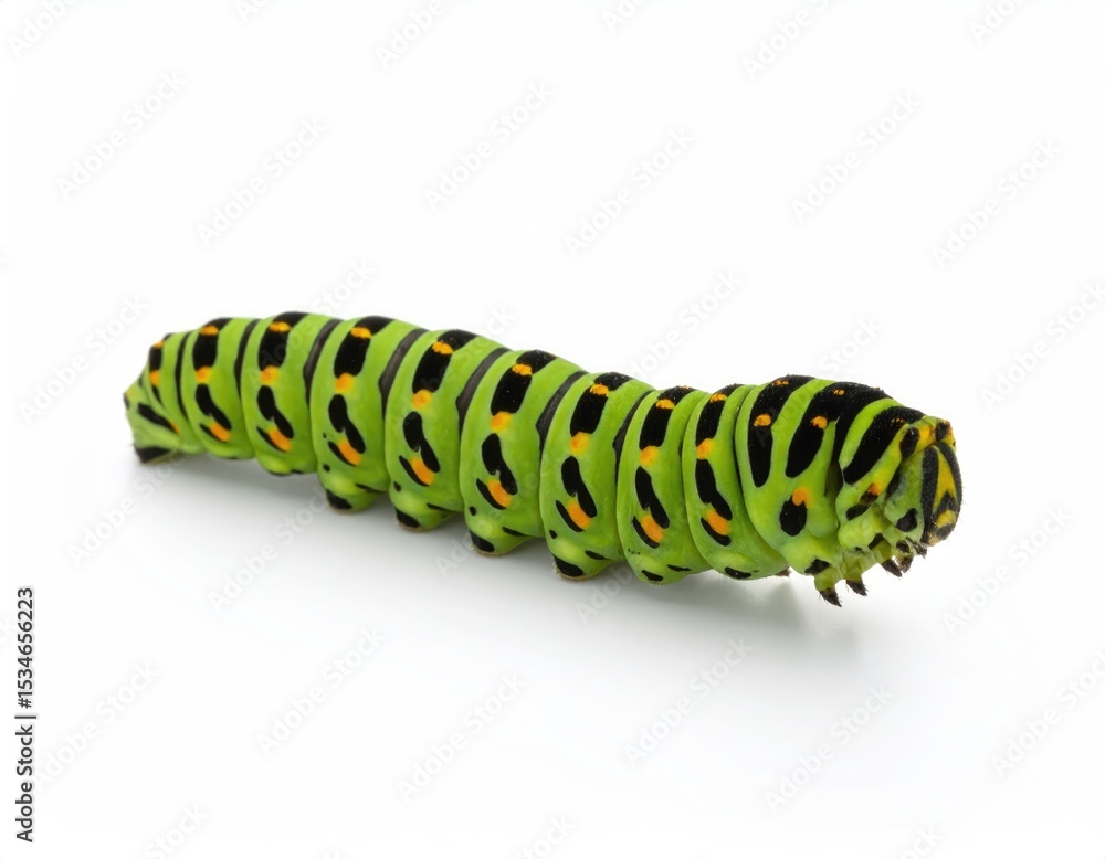 Naklejka premium Vibrant Caterpillar: A detailed study of a caterpillar displays its intricate segmented body, the contrasting patterns, and unique visual charm, capturing a sense of natural beauty.