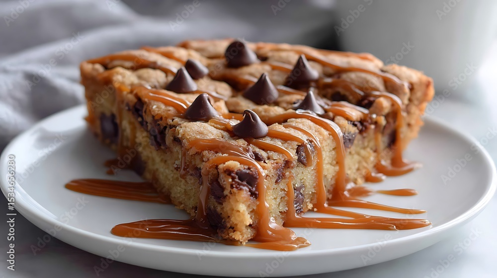 Decadent Chocolate Chip Cookie Bars with Caramel Drizzle on a White Plate Decadent Chocolate Chip Cookie Bars with Caramel Drizzle on a White Plate