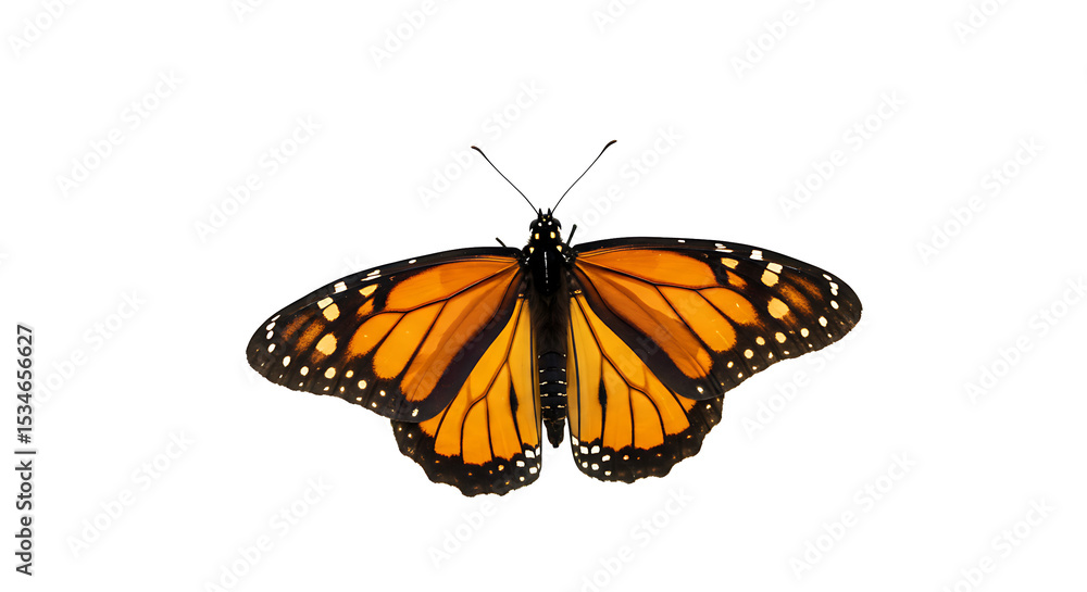 Fototapeta premium Here are some key words to describe the image:ButterflyMonarch butterflyOrange and black wingsPollinationNatureInsectDelicate wingsSpring/SummerFlowersWildlife Colorful Beauty of