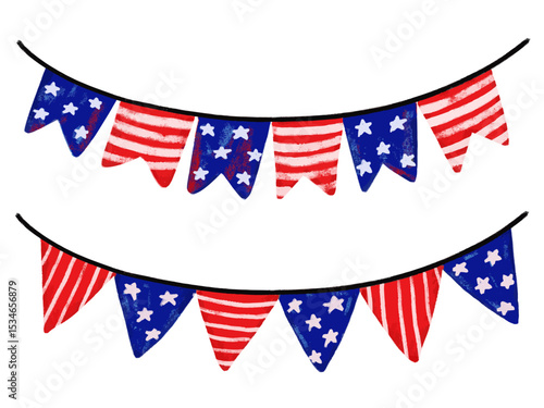 Set collection of Cute hand drawn 4th of july usa america independence day bunting flag garland blue navy red crayon watercolor brush grunge patriotic theme doodle kids illustration design clipart