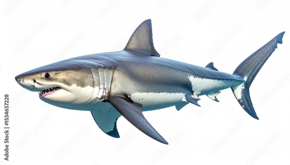Obraz premium A striking shot of a great white shark showcasing its powerful form, ready for action. The shark displays its sharp teeth and impressive dorsal fin, a testament to its apex predator status