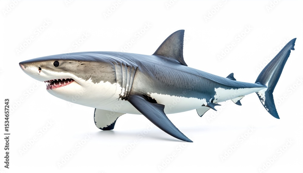 Obraz premium A close-up view of a great white shark, showcasing its powerful form and razor-sharp teeth. The shark appears ready to strike, its presence filling the frame