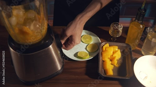 Spicy mango margarita prep 2 stage blending ingredients