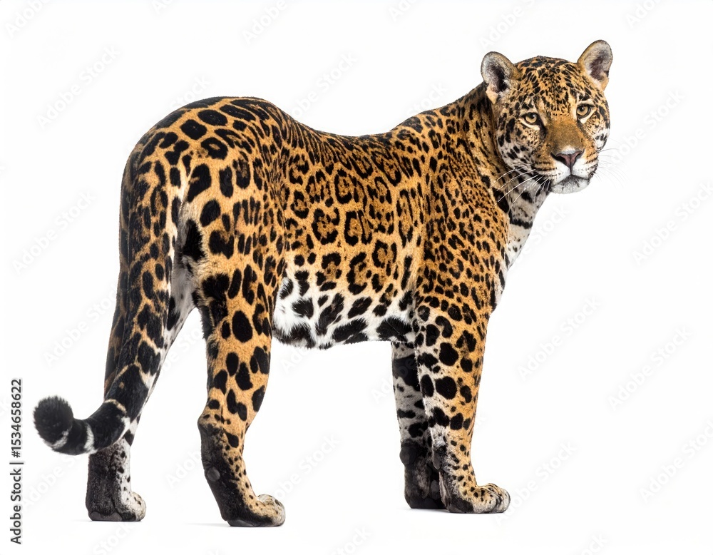 Obraz premium Jaguar: A stunning, regal jaguar stands confidently, its distinctive coat of rosettes a testament to its beauty, as it gazes steadily.
