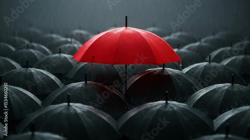 Red umbrella standing out among black umbrellas in rainstorm  