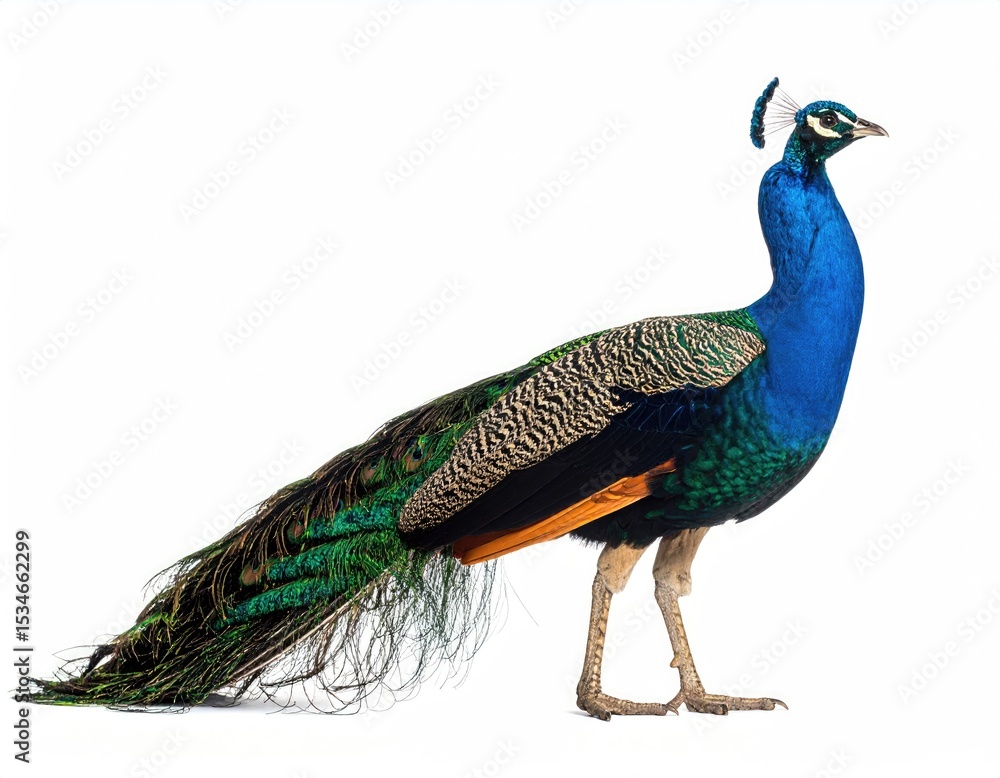 Obraz premium Majestic Peacock: A resplendent peacock, its iridescent plumage shimmering with vibrant hues, stands in proud display, a testament to nature's artistry.