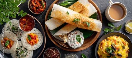 Authentic South Indian Food Spread with Dosas and Side Dishes