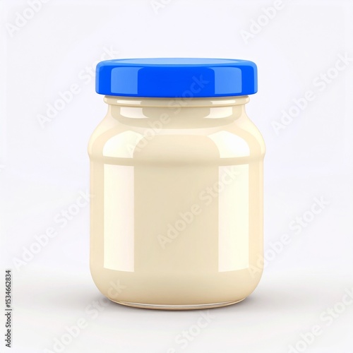 Glass Jar of Creamy Off-White Food with Blue Lid