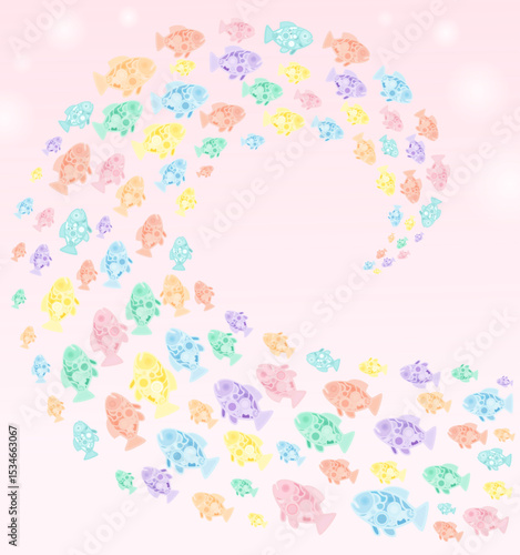 Pastel pink ocean background with white bubbles and swimming fish pattern