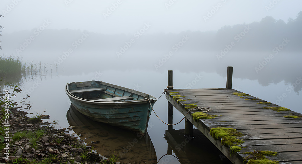 Fototapeta premium Old Rowboat on Misty Lake Dock