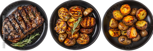 Delicious grilled steak and potatoes served on elegant black plates in a row