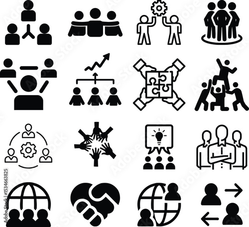 Team work set of web icons in line style. Teamwork and business cooperation icons for web and mobile app. Partnership, synergy, interaction, management, collaboration, meeting, workplace and mor