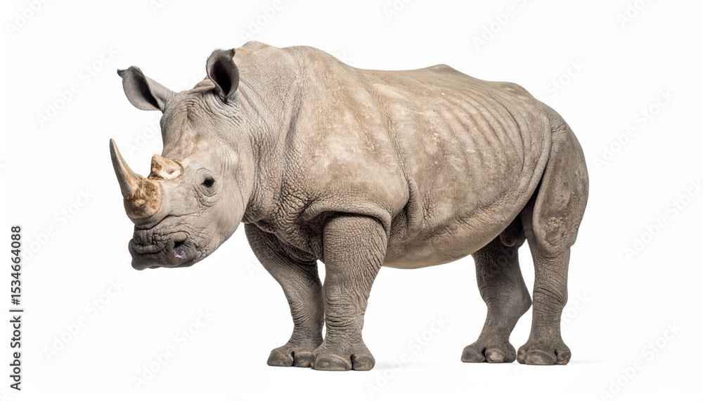 Fototapeta premium Majestic Rhino: A solitary, imposing rhinoceros stands tall, its thick hide and iconic horn projecting power and resilience against a clean backdrop.