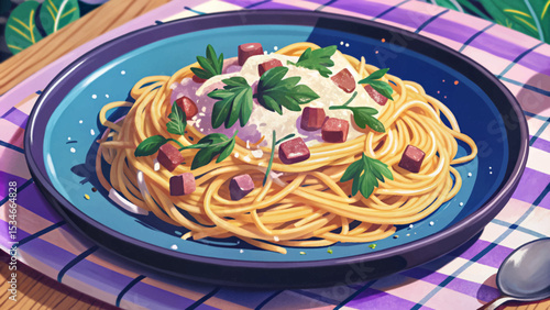 spaghetti carbonara made with crispy pancetta, creamy egg sauce, and grated Parmesan cheese. Classic Italian pasta dish rich in flavor, texture, and tradition