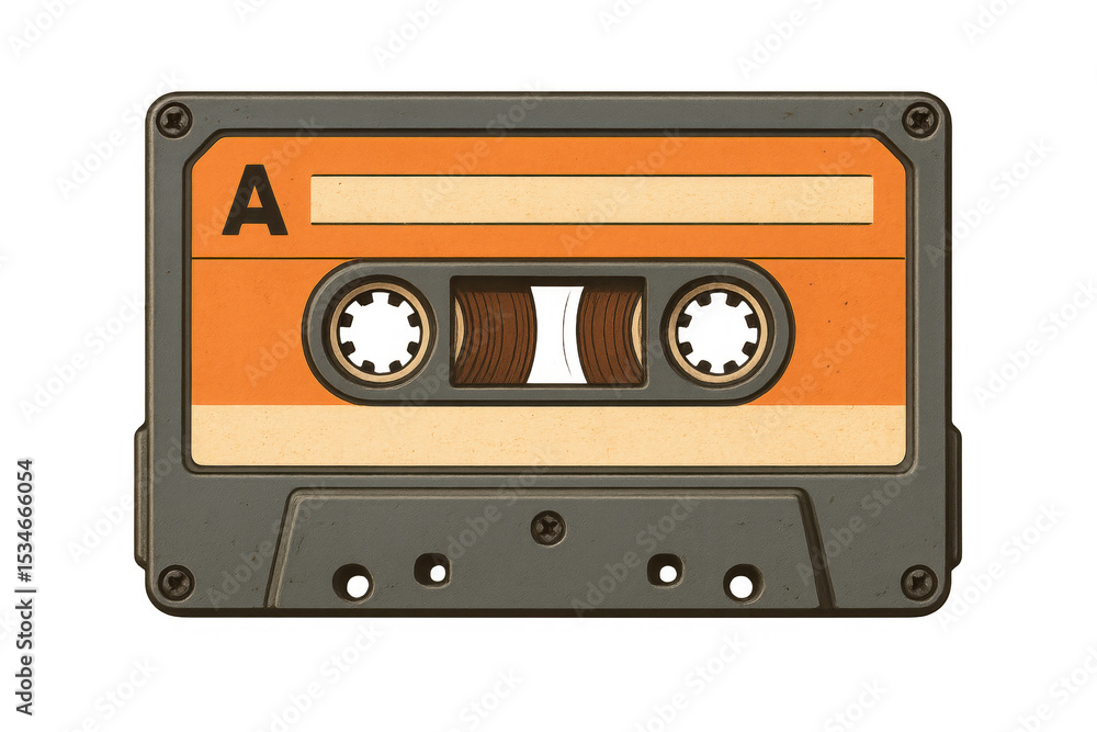 Obraz premium Vintage orange and gray audio cassette tape, symbolizing retro music memories against transparent backdrop